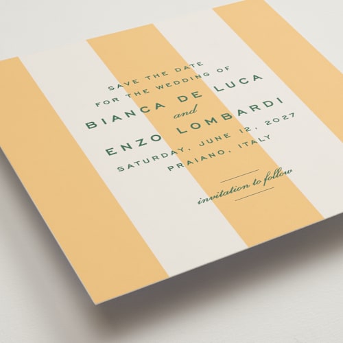 This is a sorbetto save the date with standard by Megan Davis called campania printing on signature in 5x5