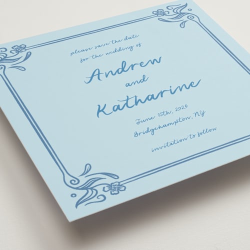 This is a ocean save the date with standard by Julia Liverton called love in bloom printing on signature in standard