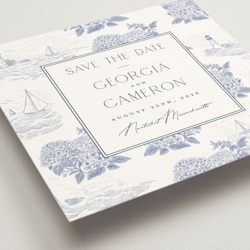 This is a periwinkle save the date with standard by Jenna Holcomb called coastal toile printing on signature in standard