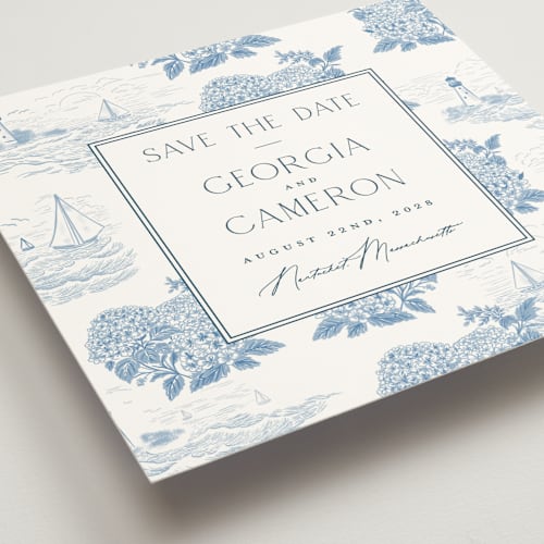 This is a sea save the date with standard by Jenna Holcomb called coastal toile printing on signature in square