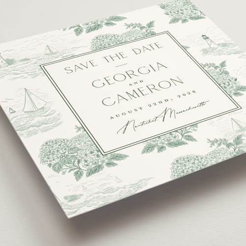 This is a ivy save the date with standard by Jenna Holcomb called coastal toile printing on signature in standard