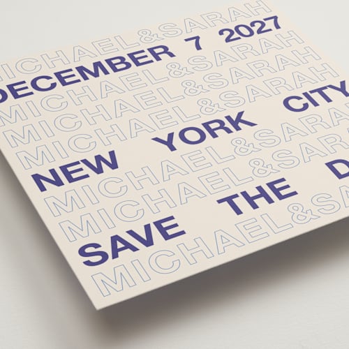 This is a cream save the date with standard by Cleghorn Creative called be there or be square printing on signature in standard