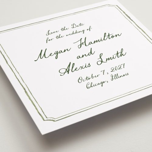 This is a moss save the date with standard by Cass Loh called handwritten printing on signature in standard