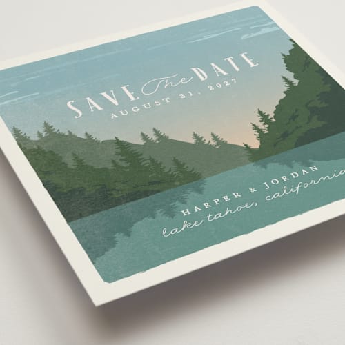 This is a forest save the date with standard by Karidy Walker called vintage poster printing on signature in standard