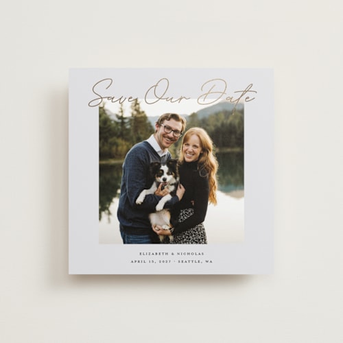 This is a mist foil stamped save the date cards with foil pressed by Dana Duricekova called square portrait printing on recycled smooth signature in standard