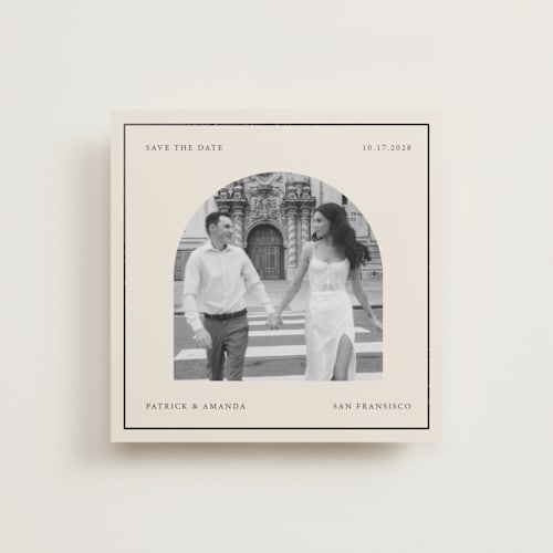 This is a ivory foil stamped save the date cards with foil pressed by Kartika Paramita called arch in a square printing on recycled smooth signature in square