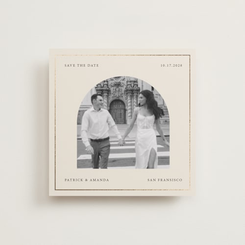 This is a ivory foil stamped save the date cards with foil pressed by Kartika Paramita called arch in a square printing on recycled smooth signature in standard
