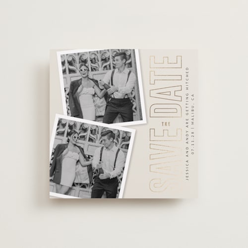 This is a cream foil stamped save the date cards with foil pressed by Ilene Guy called simple squares printing on recycled smooth signature in standard