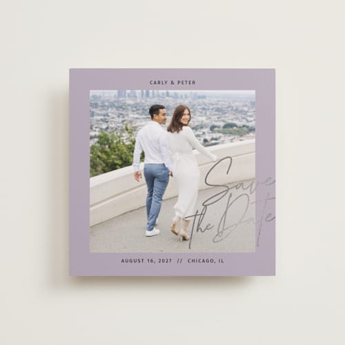 This is a lilac foil stamped save the date cards with foil pressed by Inkblot Design called metro printing on recycled smooth signature in square