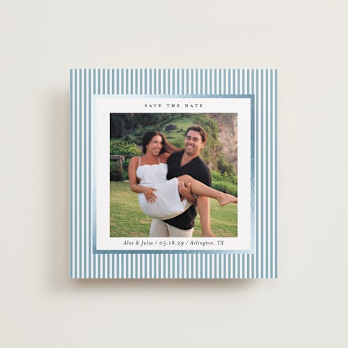 This is a sky foil stamped save the date cards with foil pressed by Lucrecia Caporale called striped frame printing on recycled smooth signature in standard