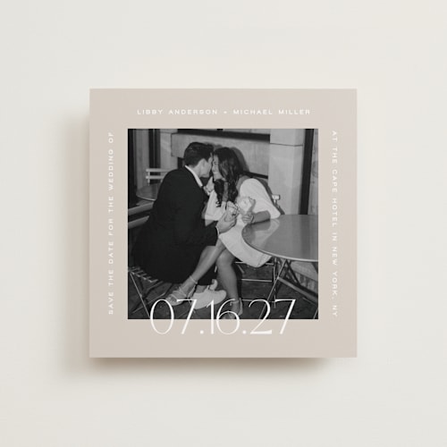 This is a latte save the date with standard by Camille Robinson called square frame text printing on recycled smooth signature in standard