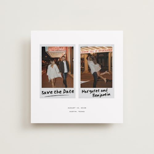 This is a daisy save the date with standard by Jennifer Lew called gram printing on recycled smooth signature in square