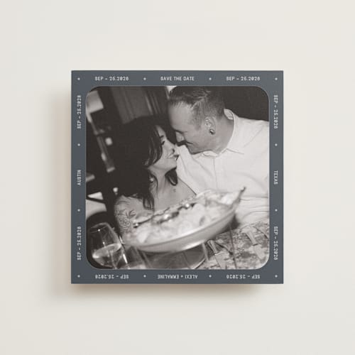 This is a slate save the date with standard by Meggy Masters called vintage take printing on recycled smooth signature in square