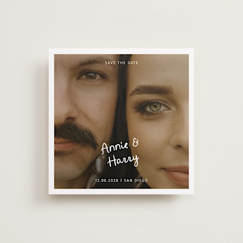 This is a ivory save the date with standard by Stephanie Heinrich Godbout called retro type printing on recycled smooth signature in square