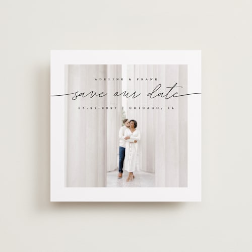 This is a tuxedo save the date with standard by Pixel and Hank called simple details printing on recycled smooth signature in 5x5