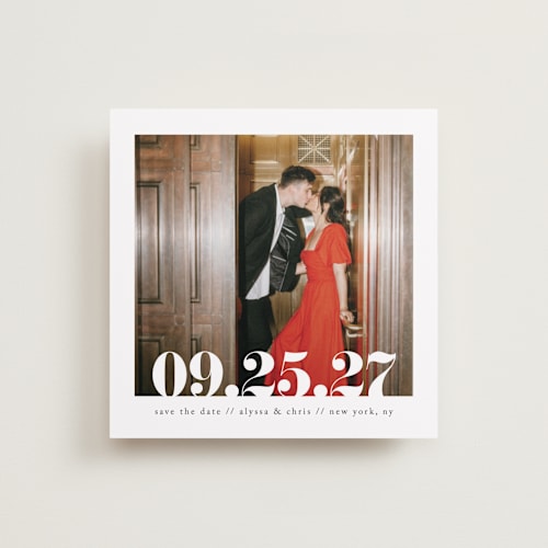 This is a linen save the date with standard by Ashley Cuccio called malibu dreams printing on recycled smooth signature in 5x5