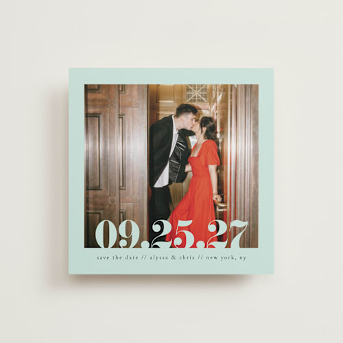 This is a mint save the date with standard by Ashley Cuccio called malibu dreams printing on recycled smooth signature in 5x5