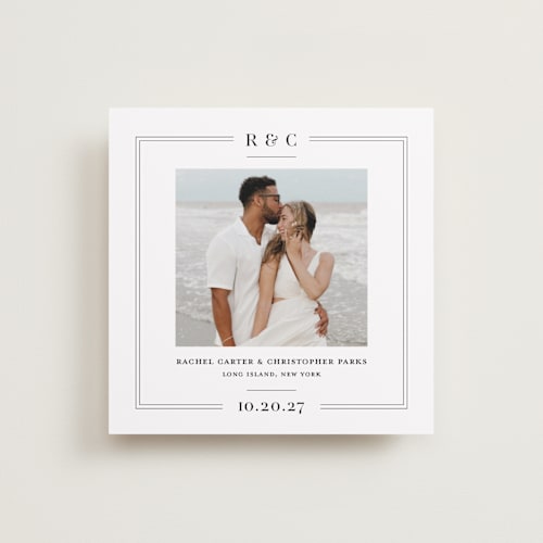 This is a ebony save the date with standard by Meagan Christensen called alcott printing on recycled smooth signature in 5x5