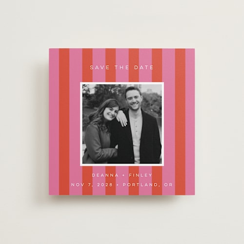 This is a strawberry save the date with standard by Morgan Kendall called cabana printing on recycled smooth signature in standard
