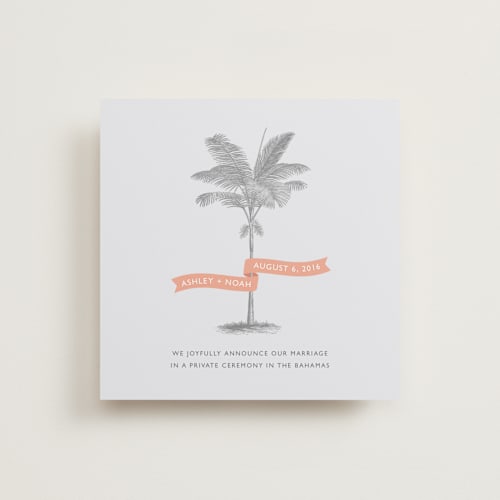 This is a salmon wedding announcements with standard by Lauren Chism called palm printing on signature in standard