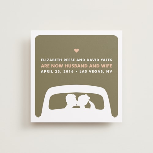 This is a warm taupe wedding announcements with standard by Three Kisses Studio called just married printing on signature in standard