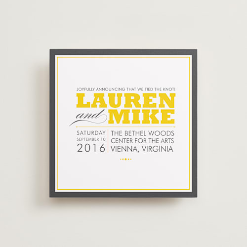 This is a golden yellow wedding announcements with standard by Ariel Rutland called cocktail hour printing on signature in standard