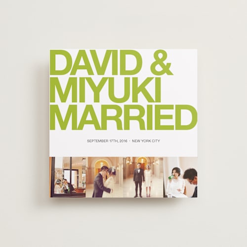 This is a kiwi green wedding announcements with standard by Alex Elko Design called four square printing on signature in standard