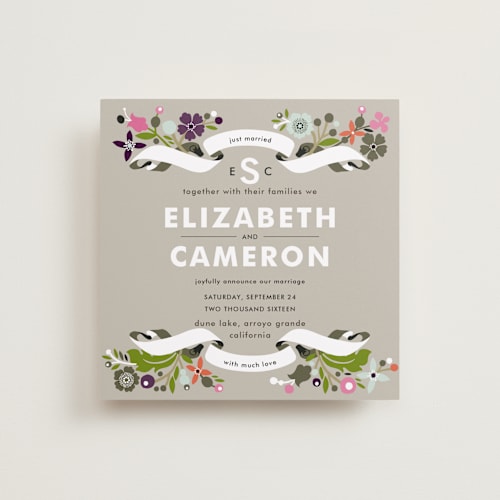 This is a soft beige wedding announcements with standard by Alethea and Ruth called banner and branches printing on signature in standard