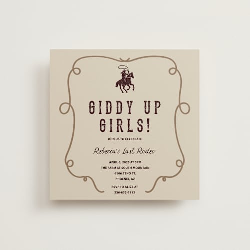 This is a champagne bachelorette party invitations with standard by Sherley Ferreira called giddy up, y'all! printing on signature in standard