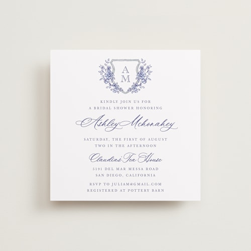 This is a dusty blue bridal shower invitations with standard by Cass Loh called watercolor flowers crest printing on signature in standard