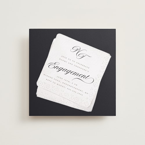 This is a noir engagement party invitations with standard by Gwen Bedat called cocktail napkin printing on signature in standard
