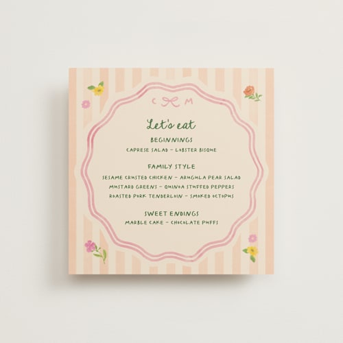 This is a apricot menu cards with standard by Creo Study called garden preppy suite printing on signature in standard