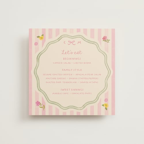 This is a peony menu cards with standard by Creo Study called garden preppy suite printing on signature in standard