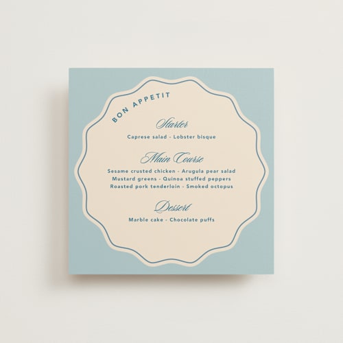This is a aqua menu cards with standard by Creo Study called wavy chic printing on signature in standard