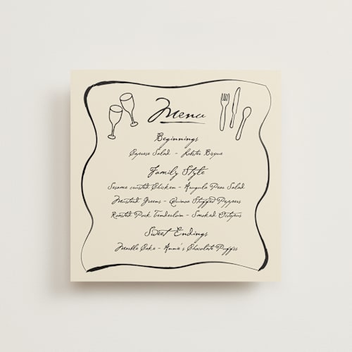 This is a vanilla menu cards with standard by Stacy Maalouf called handwritten family style printing on signature in standard