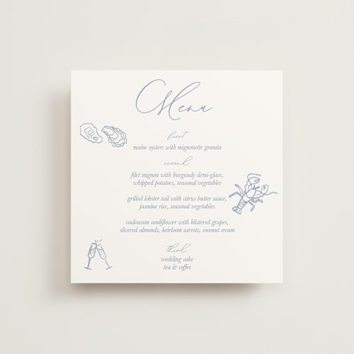 This is a oyster blue menu cards with standard by Cotton and Bow called i found my pearl printing on signature in standard