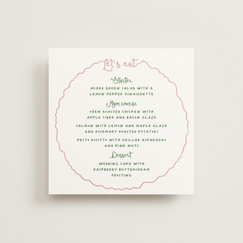 This is a carnation menu cards with standard by Creo Study called squiggly type printing on signature in standard