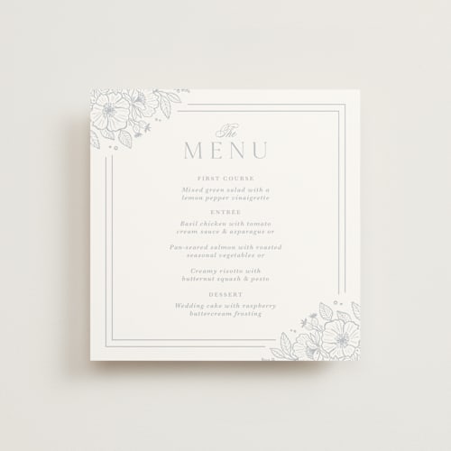 This is a powder blue menu cards with standard by Kristen Smith called wild roses printing on signature in 5x5