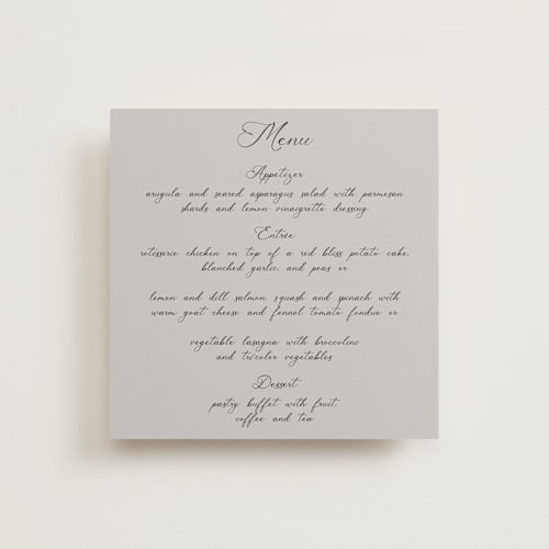 This is a gravel menu cards with standard by Maja Cunningham called poem printing on signature in 5x5