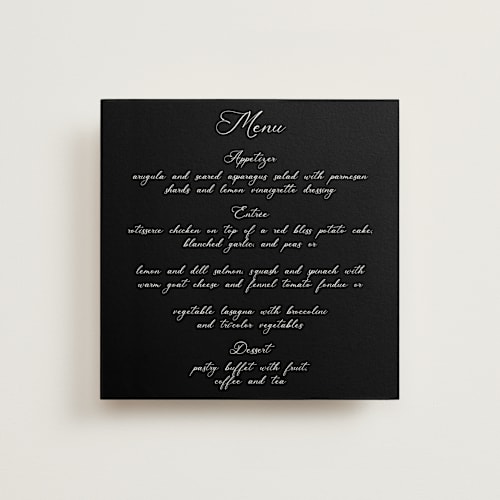 This is a ebony menu cards with standard by Maja Cunningham called poem printing on signature in 5x5