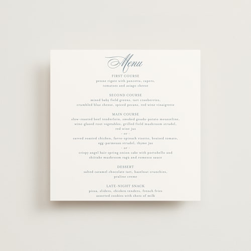 This is a dusty blue menu cards with standard by Jennifer Postorino called empire printing on signature in 5x5