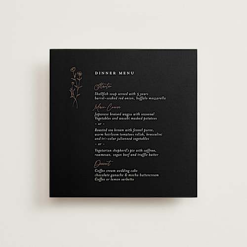 This is a black dahlia menu cards with standard by chocomocacino called kouignette printing on signature in 5x5