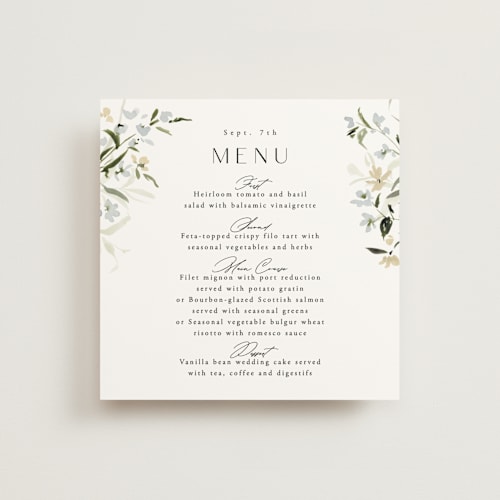 This is a lily menu cards with standard by Everett Paper Goods called fleur printing on signature in 5x5