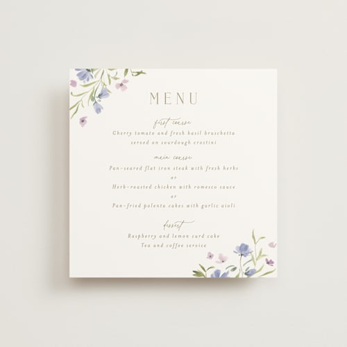 This is a wisteria menu cards with standard by Everett Paper Goods called sweeping meadow printing on signature in 5x5