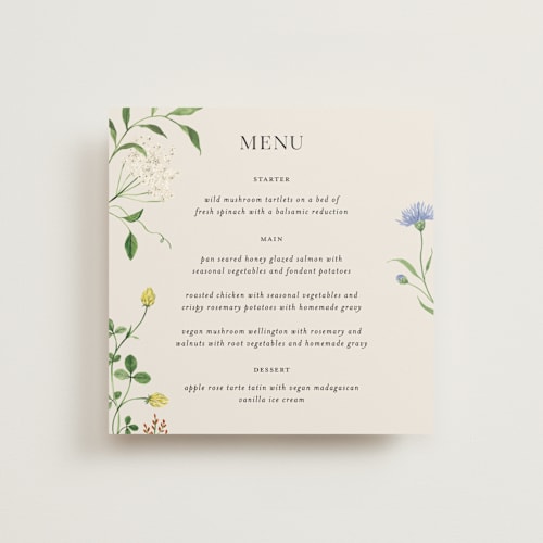 This is a elder flower menu cards with standard by Sarah Knight called wild meadow printing on signature in 5x5