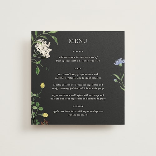 This is a onyx menu cards with standard by Sarah Knight called wild meadow printing on signature in 5x5