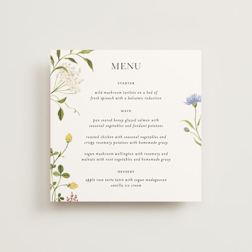 This is a fuchsia menu cards with standard by Sarah Knight called wild meadow printing on signature in 5x5