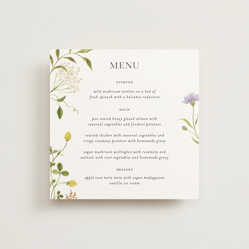 This is a persimmon menu cards with standard by Sarah Knight called wild meadow printing on signature in 5x5