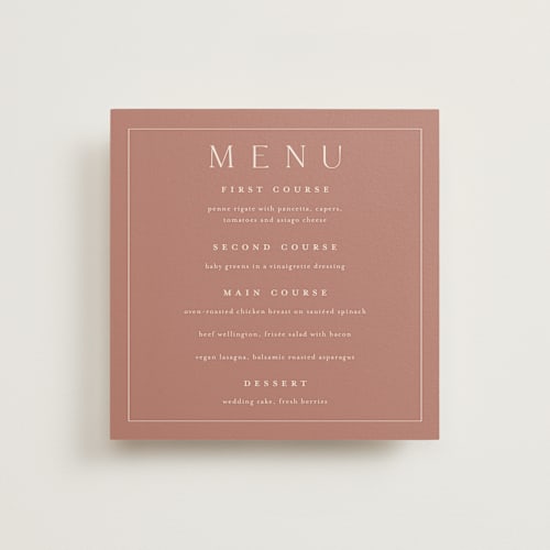 This is a dusty rose menu cards with standard by Stacey Meacham called warm affection printing on signature in 5x5