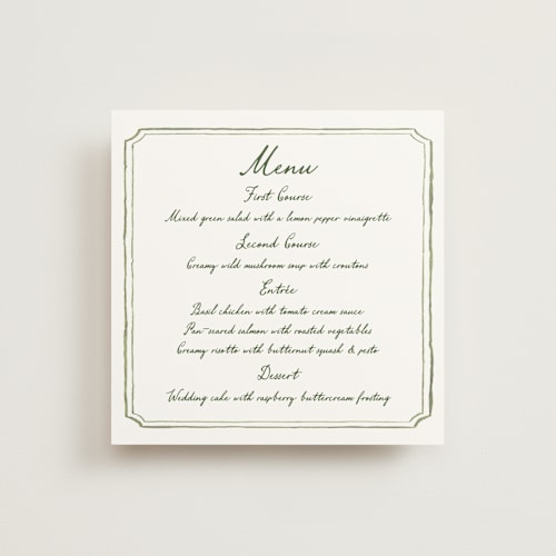 This is a moss menu cards with standard by Cass Loh called handwritten printing on signature in 5x5